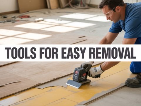 A person using a floor scraper to remove old linoleum flooring, showcasing tools for easy removal.