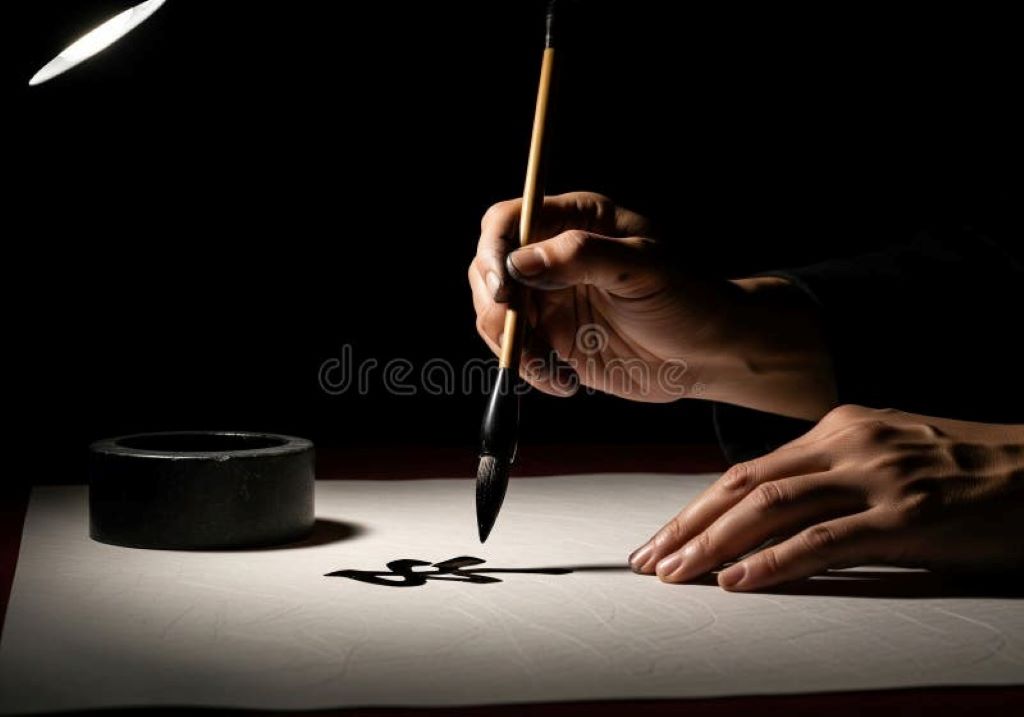 Calligrapher writing elegant script on white bamboo paper using traditional brush pen with flowing black ink