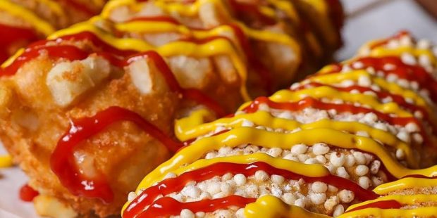Mini hotdog and cheese bites cooking in a waffle iron, golden brown and crispy, showcasing an easy snack recipe