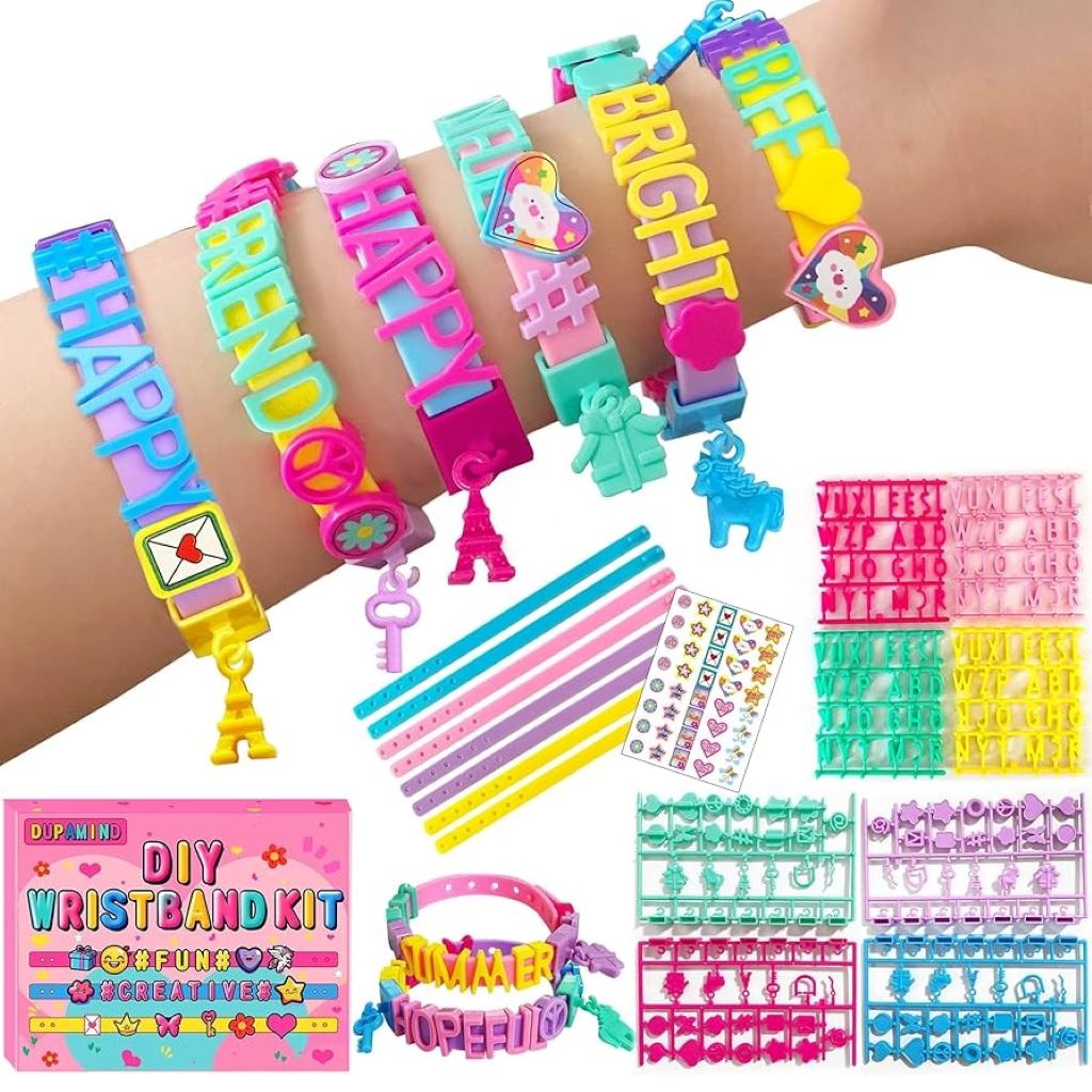Custom friendship bracelets and keychains arranged as personalized party favors for kids