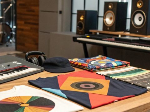 Indie musician surrounded by visual branding elements like album art, social media graphics, and logos, highlighting the impact on their career today
