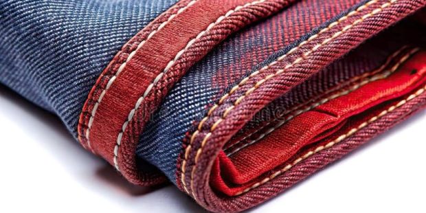 Close-up of Japanese selvedge denim fabric showcasing detailed stitching and craftsmanship