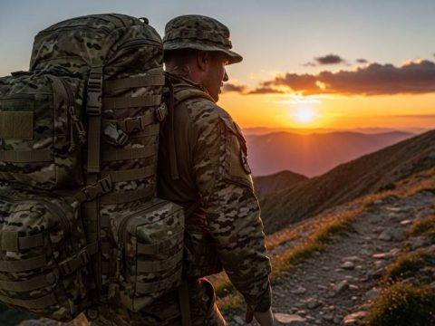 Soldier wearing military-grade backpack on rugged mountain hike during sunset