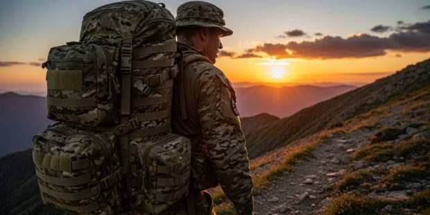 Soldier wearing military-grade backpack on rugged mountain hike during sunset