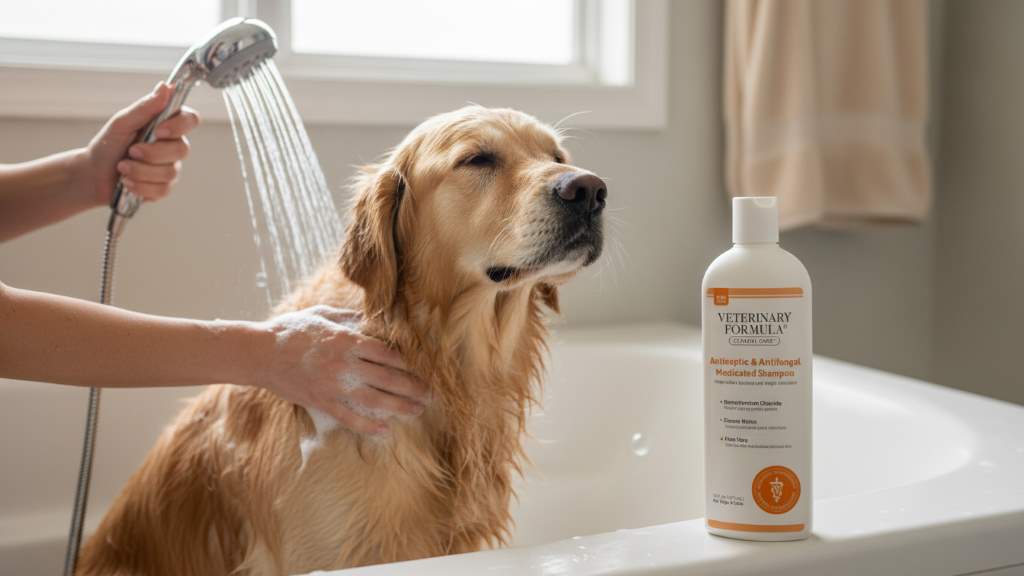 Cat with calm expression post-bath highlighting skin irritation soothing