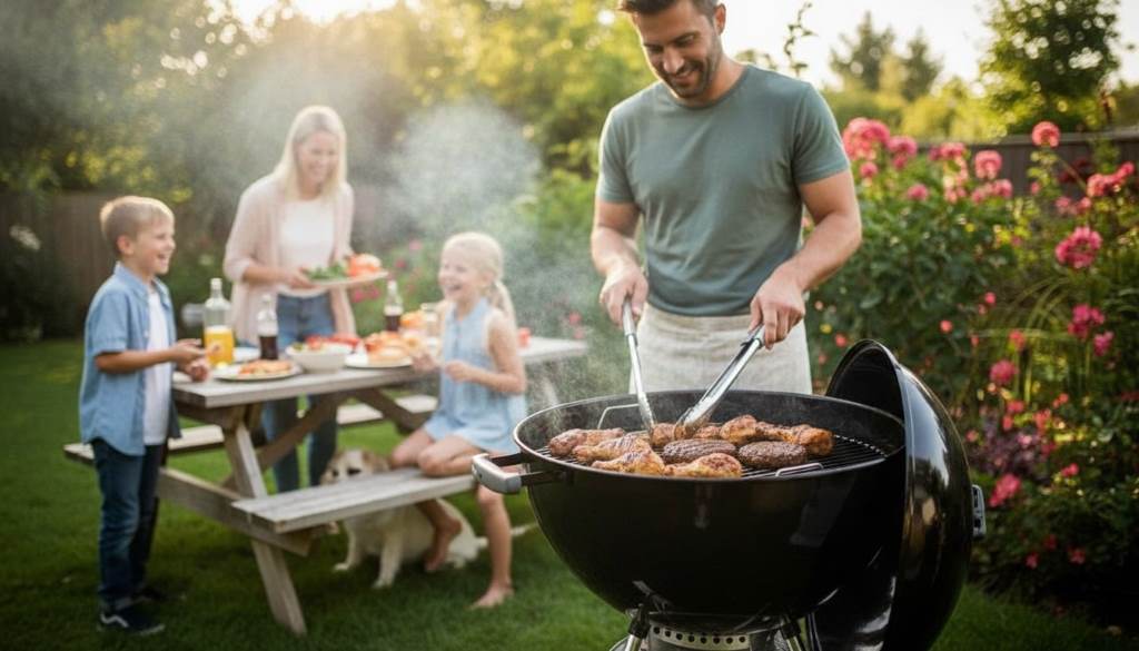 Family enjoying backyard BBQ with smoke rising from Weber Original Kettle Grill
