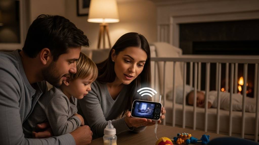 Family using two-way audio on night vision monitor to soothe baby from living room