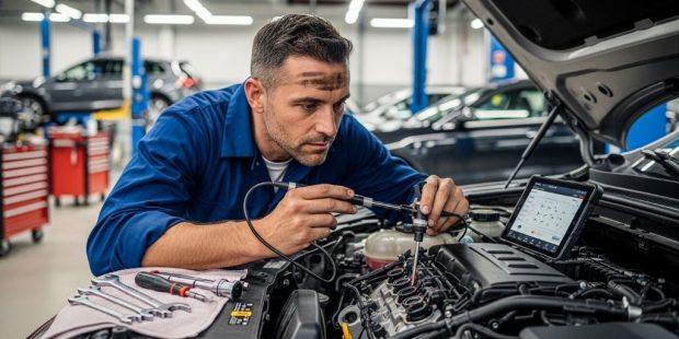 Mechanic inspecting vehicle fuel injector system for clogging and performance issues