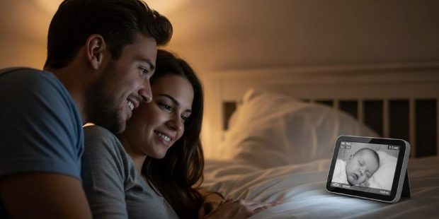 Smiling new parents viewing clear night vision image on baby monitor screen in dimly lit bedroom