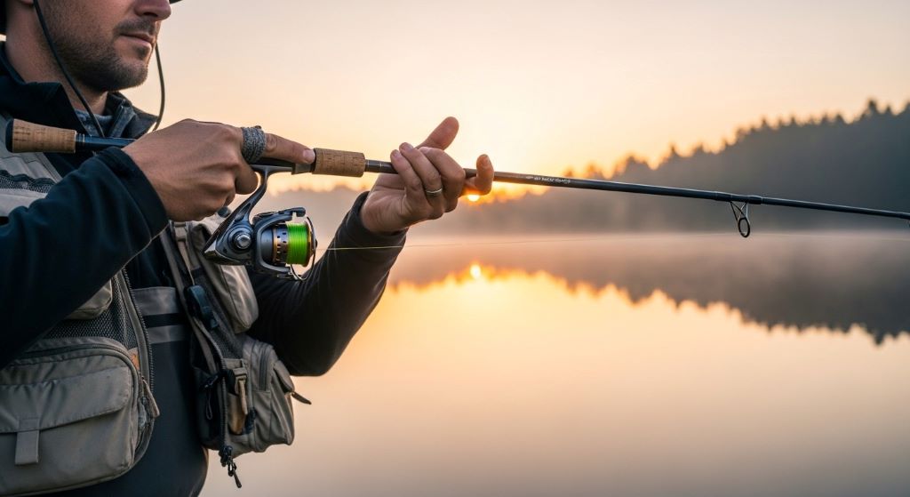 Angler holding fishing rod with proper grip demonstrating correct rod length and balance for casting in freshwater environments