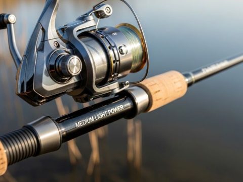Freshwater fishing rod with spinning reel displayed showing medium light power rating and guide placement for lake and river fishing