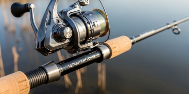 Freshwater fishing rod with spinning reel displayed showing medium light power rating and guide placement for lake and river fishing