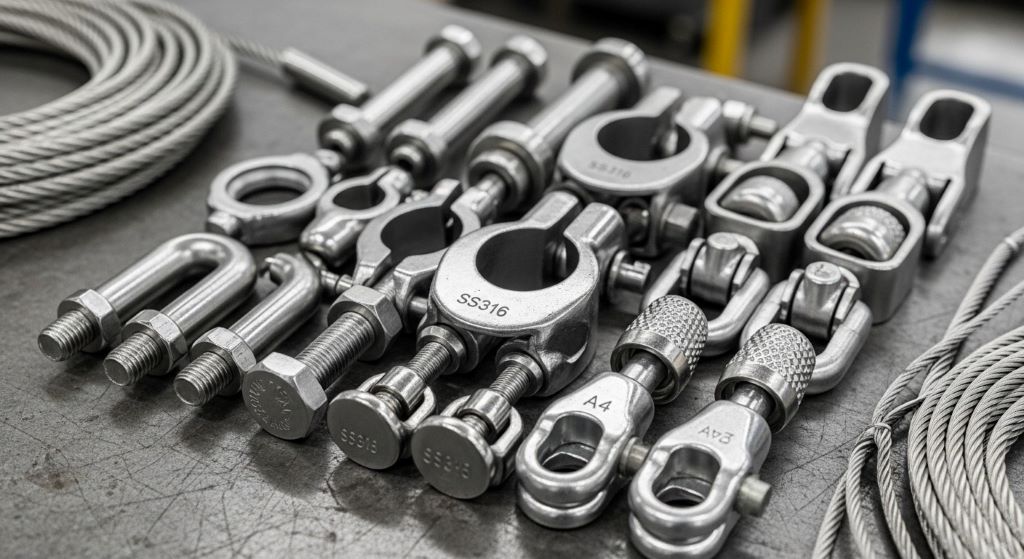 Corrosion resistant stainless steel cable fasteners and mounting hardware