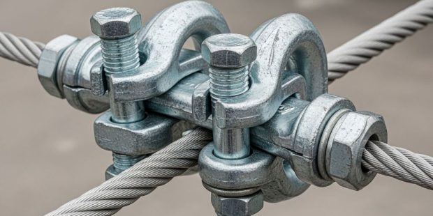Steel cable clamps with U-bolts securing wire rope connection
