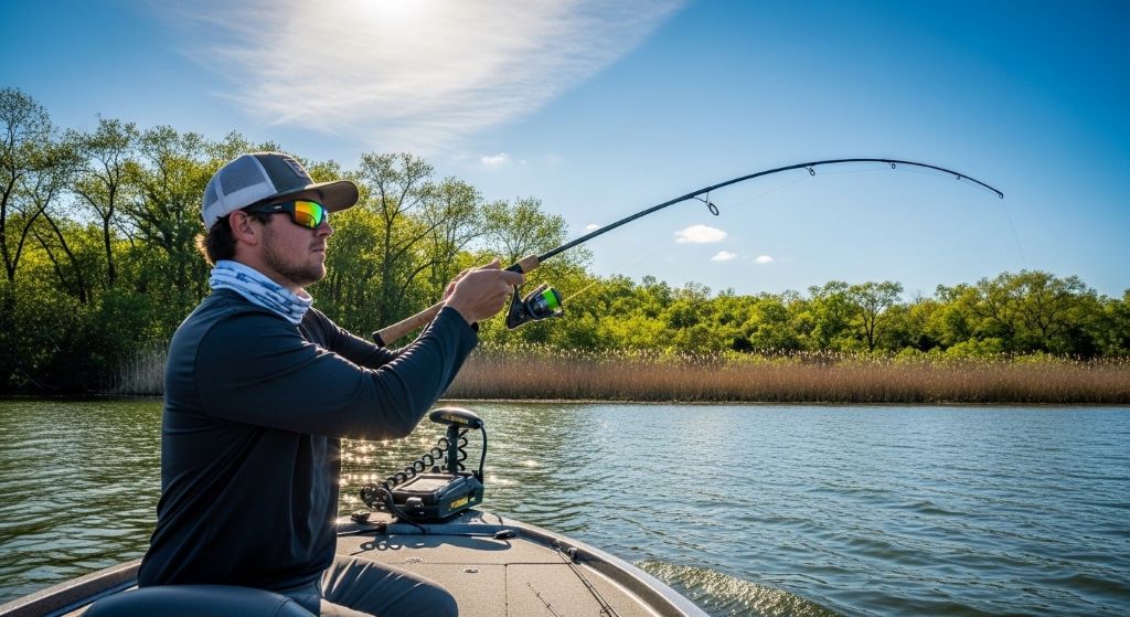 Bass angler wearing wraparound polarized sunglasses while casting fishing rod from boat on sunny day