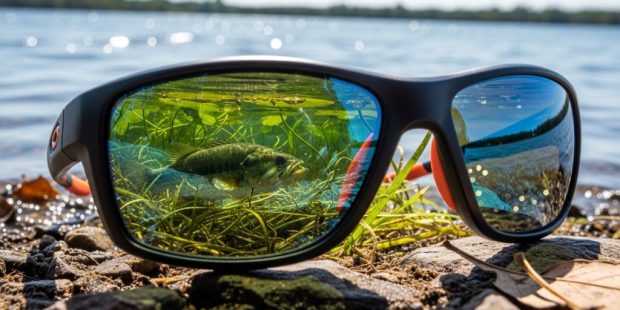 Polarized fishing sunglasses showing clear underwater view of bass and aquatic vegetation in freshwater lake