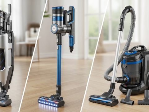 Comparison of three vacuum types showing upright, cordless stick, and canister models side by side on clean floor