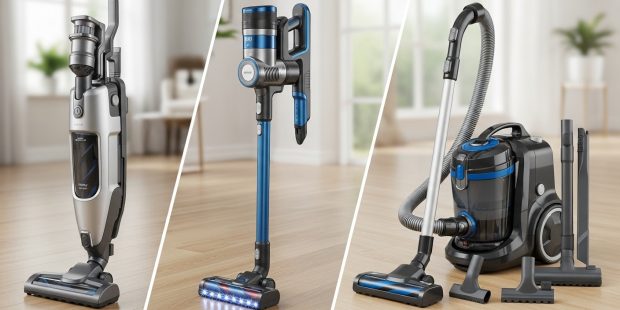 Comparison of three vacuum types showing upright, cordless stick, and canister models side by side on clean floor