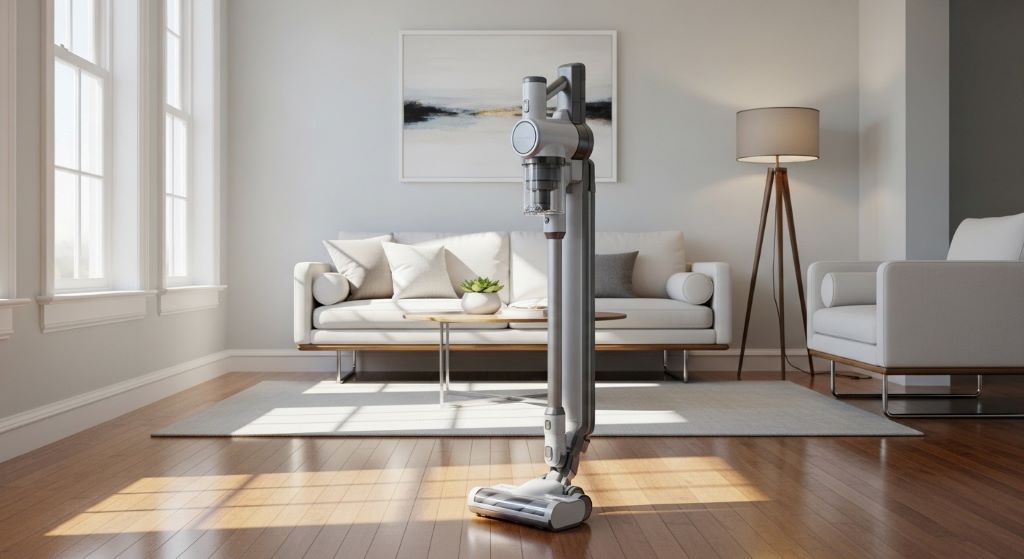 Modern cordless vacuum cleaner standing upright in bright living room with hardwood floors and minimal furniture