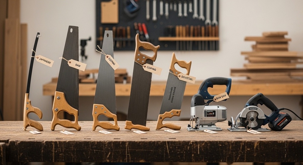 Comparison of woodworking saw types on workbench