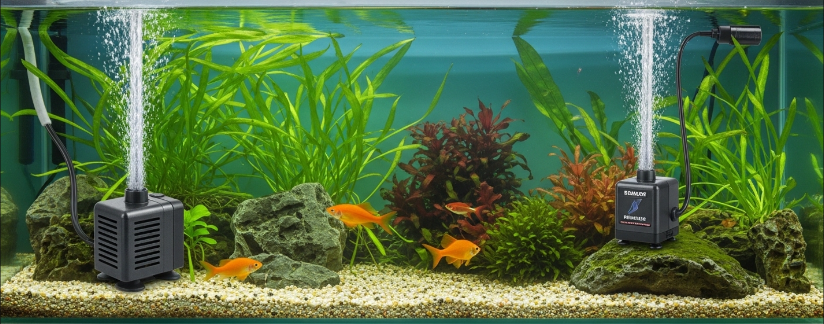 Aquarium aeration setup with sponge filter and air tubing