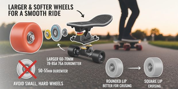 Soft cruiser skateboard wheels rolling on rough asphalt road