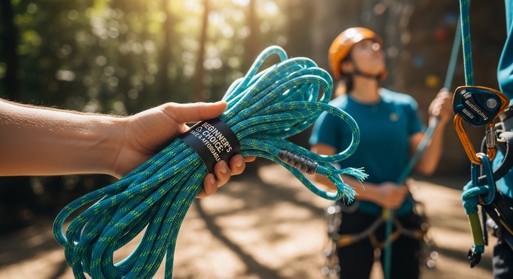 Climber using certified safe climbing equipment on sport route