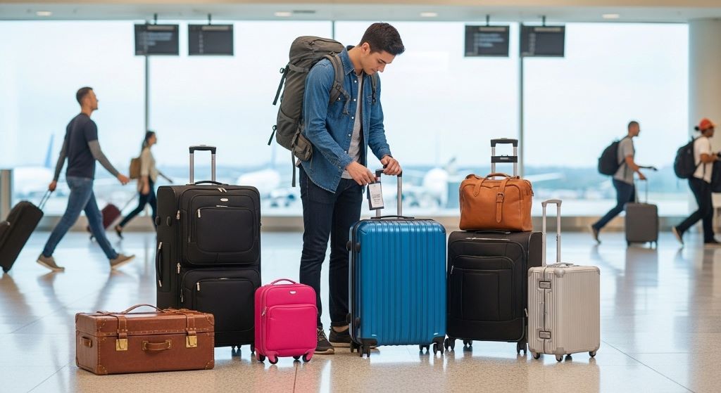 Traveler selecting luggage at airport with different suitcase types