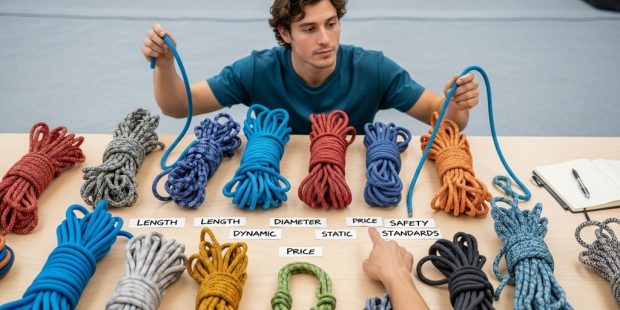 Beginner inspecting a dynamic climbing rope for safety certification