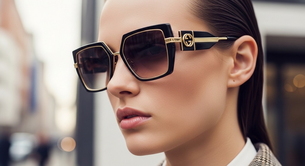 Close-up of black Gucci geometric sunglasses women fashion styling