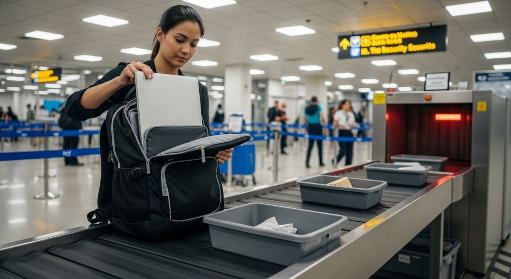 A traveler placing a checkpoint-friendly backpack on an airport security conveyor belt, with the laptop sleeve fully unzipped and visible for X-ray screening
