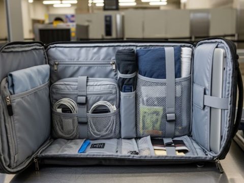 A TSA approved travel backpack laid flat and open at an airport security checkpoint, showing a dedicated laptop compartment and organized interior pockets