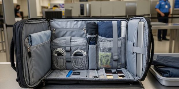 A TSA approved travel backpack laid flat and open at an airport security checkpoint, showing a dedicated laptop compartment and organized interior pockets