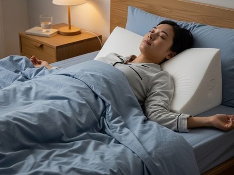 Illustration showing elevated torso position using wedge pillow for breathing support