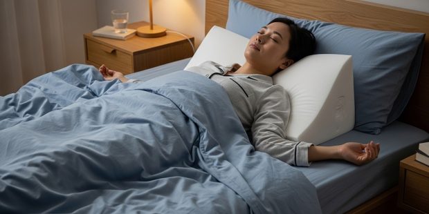 Illustration showing elevated torso position using wedge pillow for breathing support