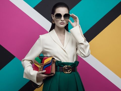 Woman wearing oversized Gucci geometric sunglasses with casual outfit