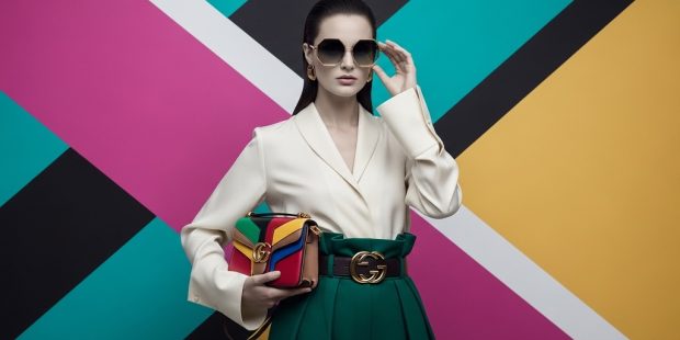Woman wearing oversized Gucci geometric sunglasses with casual outfit