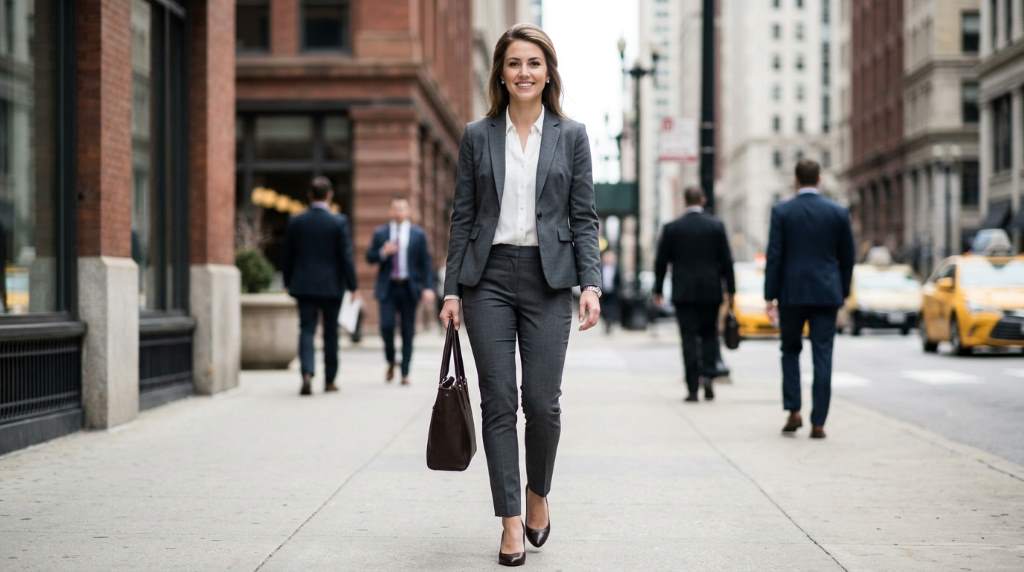 A neatly laid-out interview outfit with polished shoes, accessories, and a portfolio on a bed the night before a Chicago job interview