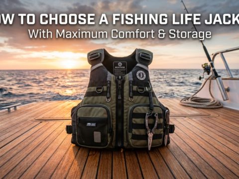 Angler wearing a breathable fishing vest with pockets while kayak fishing