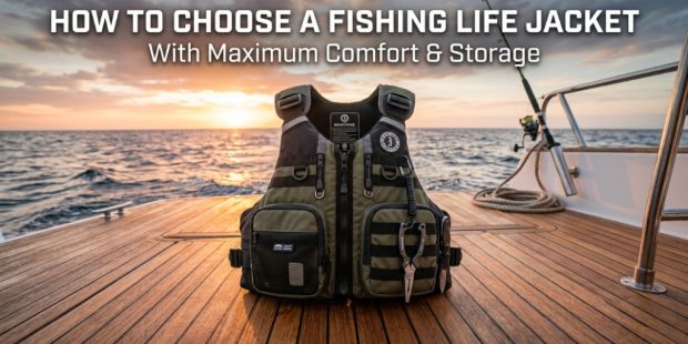 Angler wearing a breathable fishing vest with pockets while kayak fishing