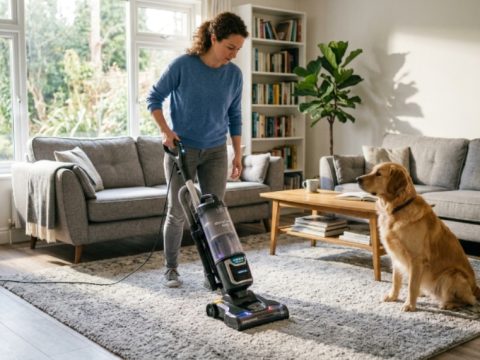 A person using an anti-allergen vacuum on a carpet with a dog sitting nearby in a bright living room