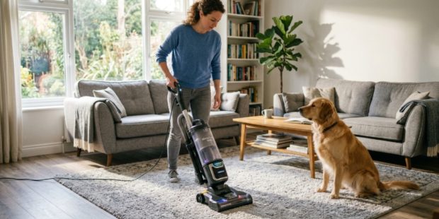 A person using an anti-allergen vacuum on a carpet with a dog sitting nearby in a bright living room