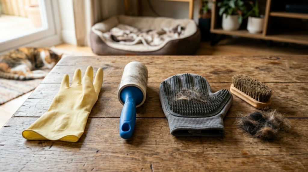A collection of pet cleaning tools including a rubber glove, lint roller, and grooming mitt arranged on a wooden surface