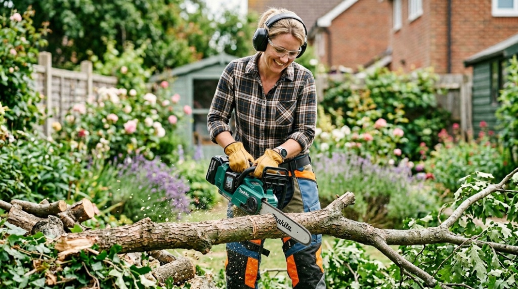 A homeowner in safety gear cutting a tree branch with a cordless chainsaw.