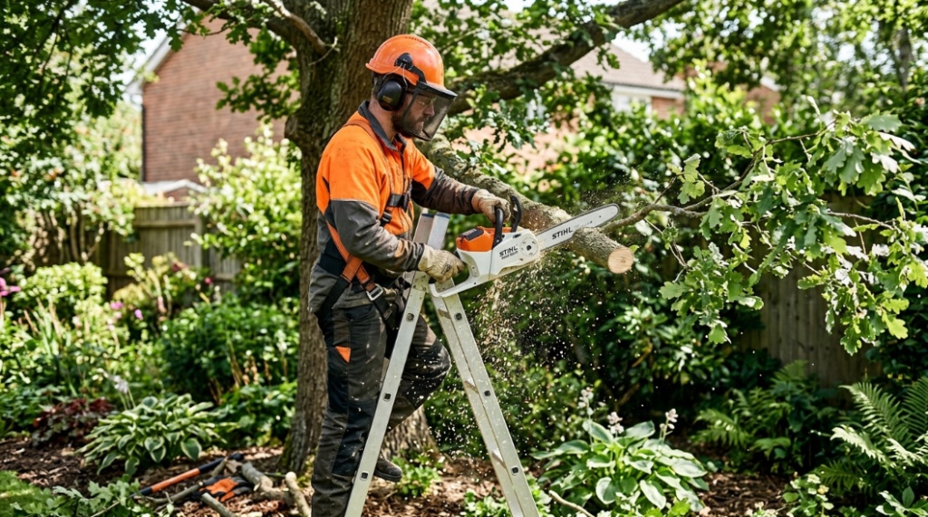 A close-up of a person sliding a lithium-ion battery into a cordless chainsaw.