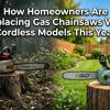 A split screen comparing an old gas chainsaw with a modern battery cordless model.