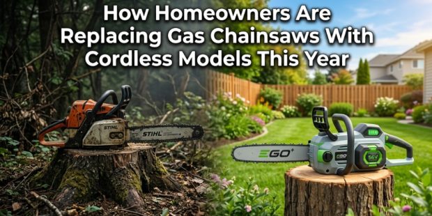 A split screen comparing an old gas chainsaw with a modern battery cordless model.