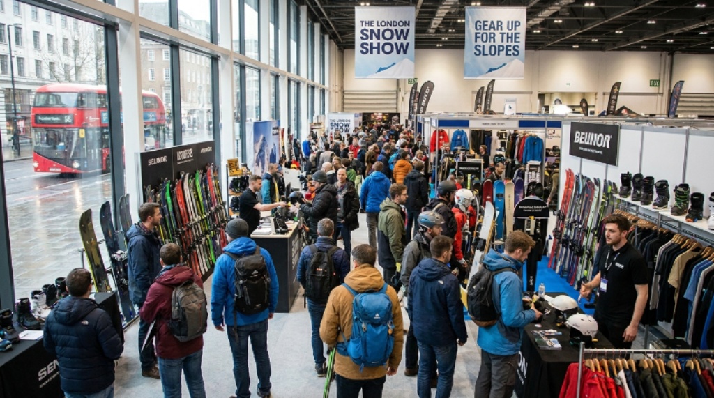 Skiers and snowboarders exploring gear at London Snow Show