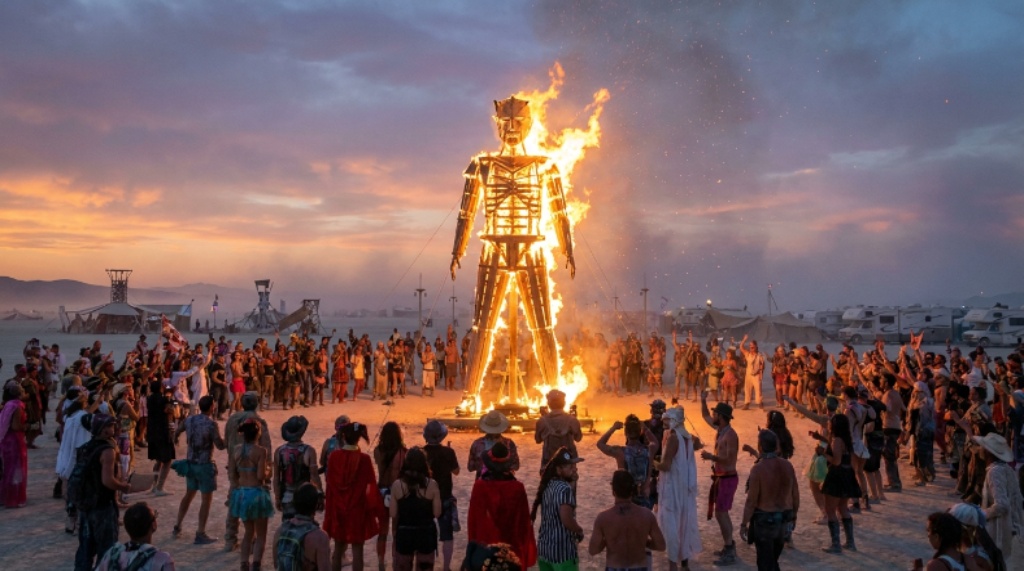 Participants gathered around the burning Man effigy at sunset during Burning Man festival in Nevada desert