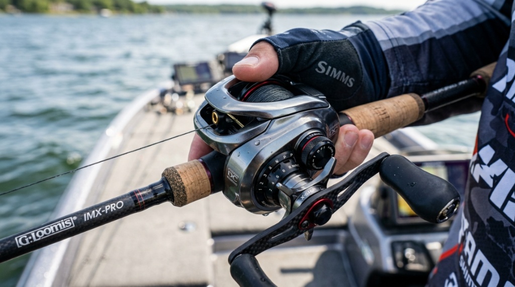 Close-up of a premium baitcasting reel held by an angler.